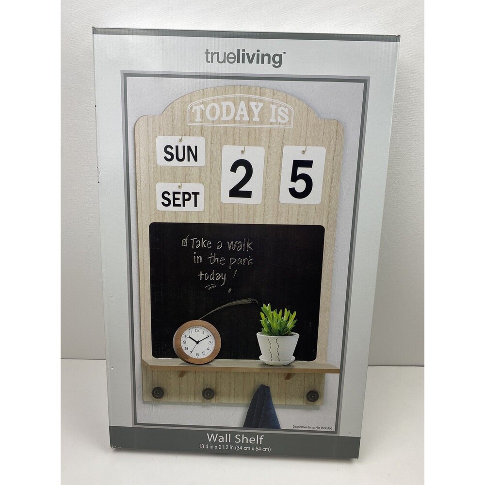 Wall Mounted Wooden Shelf Chalkboard Calendar Decor Display 4 Hooks Brown - New